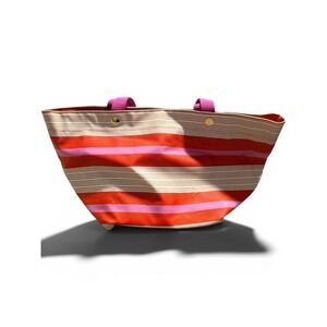 Fossil Key-Per Striped Canvas Tote Bag Orange Pink Shoulder Bag